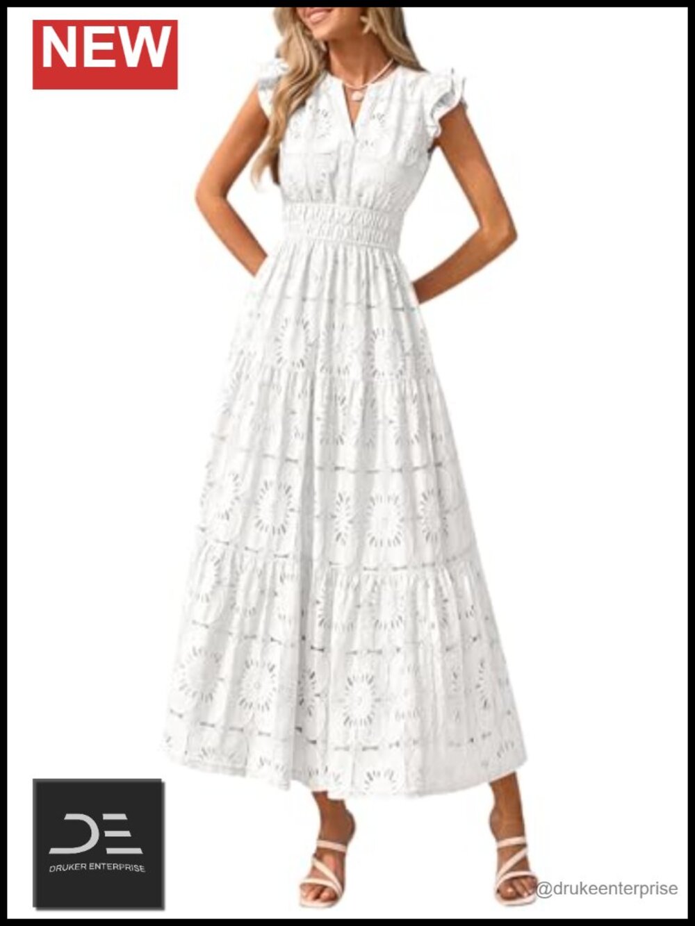 Women's Eyelet Boho Maxi Dress V-Neck Flutter Sleeve Fit Flare